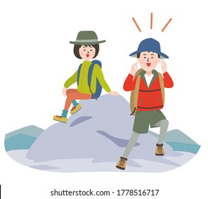 Young man and smiling woman yelling at the mountaintop.Vector illustration.