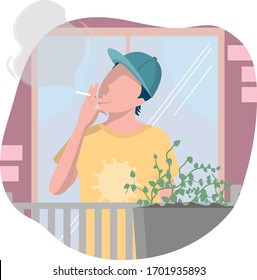 Young man smoking cigarette in the Balcony. Character smoking cigarette,  tobacco dependence, unhealthy lifestyle and risk factor of many diseases . Vector illustration of guy smoking.