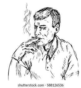 The young man smoking a cigarette, hand drawn doodle, sketch in pop art style, vector illustration
