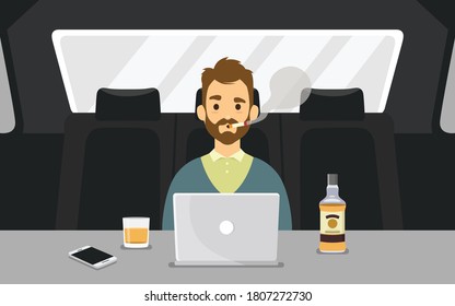 Young Man Smoking A Cigarette Inside A Car With Laptop And Bottle Of Whiskey. Colorful Vector Illustration