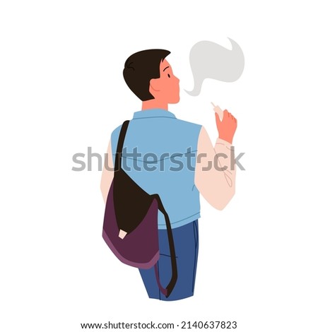 Young man smoking an electronic cigarette. Innovative latest generation smoke device, teenager bad lifestyle habit, tobacco addiction and cigaret dependence cartoon vector illustration