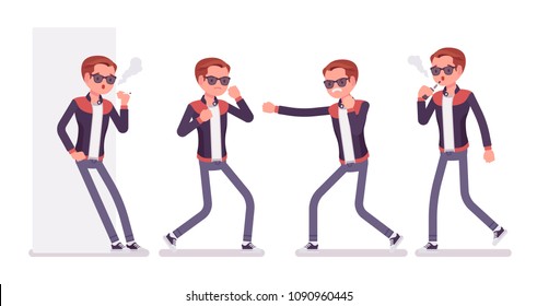 Young man smoking and fighting. Caucasian millennial boy wearing trendy leather jacket with round buttoned collar and skinny fit jeans, youth urban fashion. Vector flat style cartoon illustration