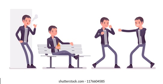 Young man smoking and fighting. Caucasian millennial boy enjoy free time, smoking electronic cigarette, wearing city clothing and accessories. Vector flat style cartoon illustration