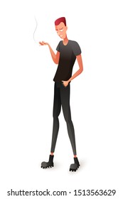 Young man smoking flat vector illustration. Skinny goth kid, smoker cartoon character. Guy in dark clothing holding cigarette. Unhealthy lifestyle, harmful habit, nicotine addiction design element