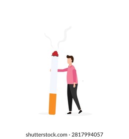 Young man smoking a giant cigarette, nicotine addiction, bad habit. vector Illustration