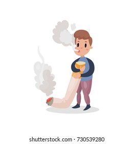 Young Man Smoking Giant Cigarette, Harmful Habit And Addiction Cartoon Vector Illustration