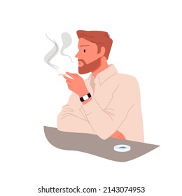 Young man smoking tobacco vector illustration. Cartoon male smoker sitting at table with ashtray, person holding cigarette in hand isolated on white. Bad unhealthy habit, narcotic addiction concept