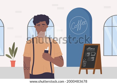 Young man smoking vape in cafe vector illustration. Cartoon guy smoker addict character vaping with smoke clouds, holding vapor electronic cigarette in hand, smoking addiction problem background