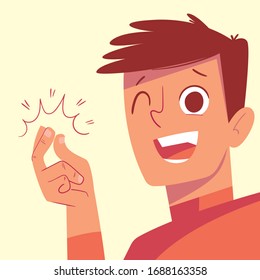 Young man snaps his fingers and winks. Funny cartoon character. Vector illustration. Isolated
 background