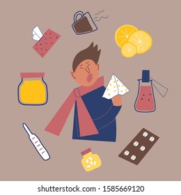 Young man sneezes and holds in hands a polka dot tissue. Healthcare concept. Ways to treat illness. Health care vector illustration. Cold and flu season. Catch a cold, allergy or fever.