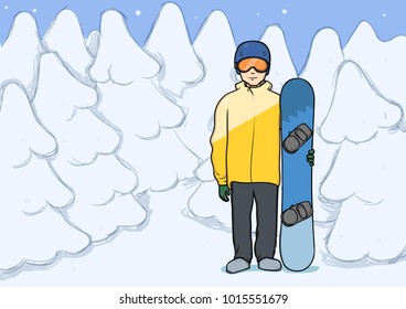 A young man with snowboard standing among the snowy forest. Snowboarding, extreme winter sport, active recreation. Vector Illustration.