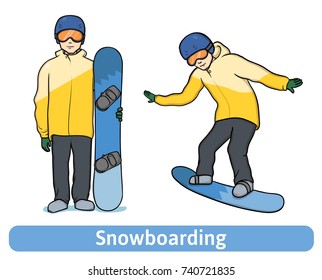 A young man with snowboard, standing and in motion. Snowboarding, extreme winter sport, active recreation. Vector Illustration, isolated on white background.