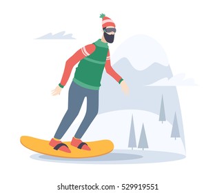 Young man snowboarding on the background of snow capped mountain. Snowboarder on piste in mountains. Vector flat design illustration.