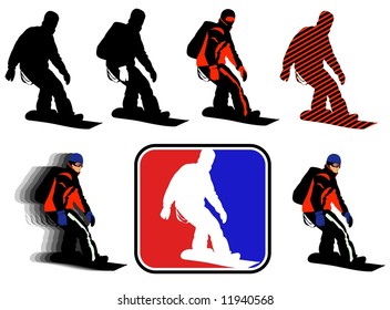 young man snowboarding silhouettes, different details