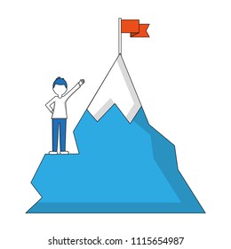 young man with snowy mountain with flag isolated icon