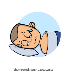 Young man soaked in sweat lying in his bed. Cartoon design icon. Colorful flat vector illustration. Isolated on white background.