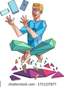 Der junge Mann steigt in die Luft, umgeben von fliegenden Telefonen. Levitation, Zauberei und Technologie.Abstrakte polygonale, moderne minimale flache Illustration.Gestaltetes Glasfenster, Straßenkunst, Graffiti, Kubismus-Design