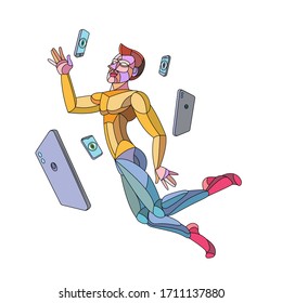 Young man soars in the air surrounded by flying phones. Levitation, magic and technology.Abstract polygonal modern minimal flat illustration.Stained glass window, street art, graffiti, cubism design