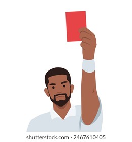 Young man soccer judge standing and showing red card to player whistling during game.Flat vector illustration isolated on white background