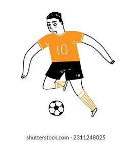 Un joven futbolista pateando la pelota. El hombre jugando con una pelota de fútbol. Ilustración vectorial dibujar a mano el estilo de doodle en un fondo blanco aislado.