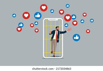 Young man Social Media Addiction Mobile Phone Prisoner. Health problems. Modern flat style concept vector illustration. Modern lifestyle.