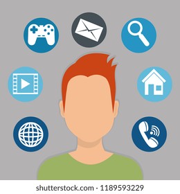 young man with social media marketing icons