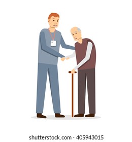 Young Man Social Worker With Old Man. Vector Illustration.