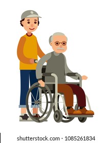 Young man social worker strolling older man in wheelchair flat style vector illustration