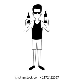 Young man with soda bottles in black and white