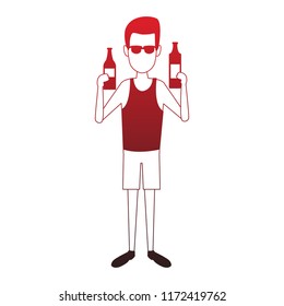 Young man with soda bottles red lines