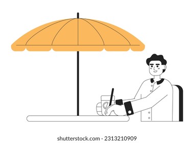 Young man with soda drink sitting under umbrella flat vector cartoon outline character. Spot illustration. Half body person isolated on white. Editable 2D black and white drawing, graphic design
