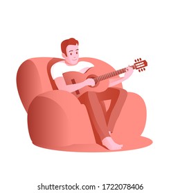 A young man in a soft home chair plays the guitar. Busy with your favorite music hobby. Vector isolated illustration.
