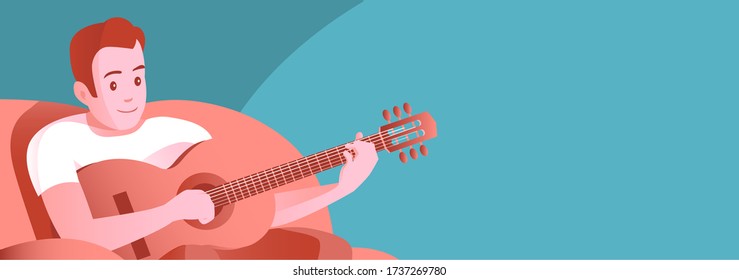 A young man in a soft home chair plays the guitar. Busy with your favorite music hobby. Vector illustration banner.