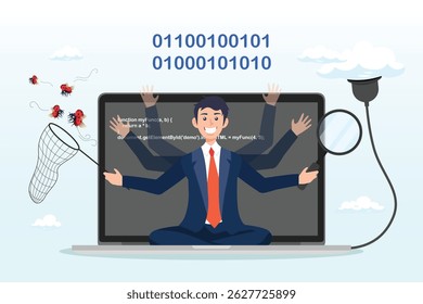 Jovem engenheiro de software trabalhando com computador em nuvem on-line laptop, desenvolvimento de software, equipe de codificação, framework de back-end de front-end de programação, algoritmo de depuração, conceito de teste ou implantação