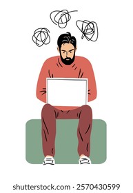 A young man solves a problem on a laptop. Irritation, anger and bad thoughts. Difficulties with computer. Nervous communication on social networks. Vector isolated illustration