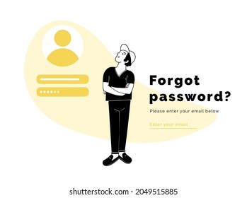 Young man solving problem, remembering his password, hand drawn vector illustration. Pensive boy with text - Forgot Password, Please Enter Your Email, flat design for web apps, landing page.