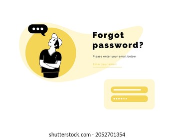 Young man solving problem, remembering his password, hand drawn vector illustration. Pensive boy with text - Forgot Password, Please Enter Your Email, flat design for web apps, landing page.