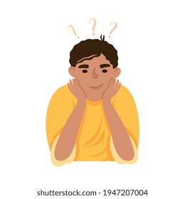 Young Man Solving Puzzle in His Head Thinking and Figuring Something out Half Length Vector Illustration