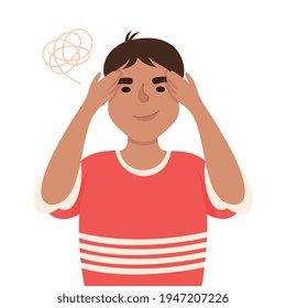 Joven resolviendo el rompecabezas en su cabeza pensando y descubriendo algo más allá de la ilusión vectorial de media longitud