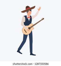 Young man in sombrero with guitar. Guy, costume, musician. Can be used for topics like celebration, greeting, seasonal