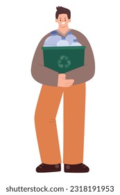 Young man sorting plastic bottles for recycling. Eco friendly and Zero waste concept. Save the planet. Earth day. Flat cartoon style vector illustration isolated on white background.