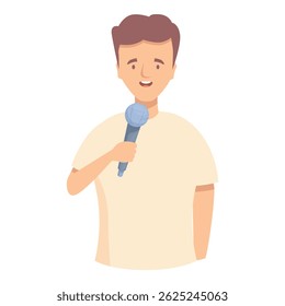 Jovem está falando segurando um microfone, fazendo um anúncio