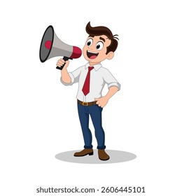 A young man speaking into a megaphone vector illustration