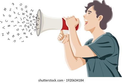 young man speaking loud  using megaphone