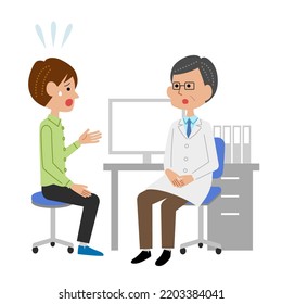 Young man speaking to male doctor in examination room about his concerns.