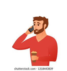 Young man speaking on the smartphone and handing coffee cup. Mobile phone concept of guy talking for web, application, promotion, business. Vector illustration cartoon flat style. 