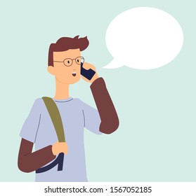 Young man speaking using his mobile phone with a speech bubble. Cartoon character design. Flat vector illustration eps 10