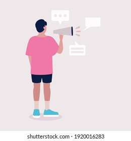 Young man speaks into a megaphone. Statement, utterance, news concept. Colored vector illustration in flat cartoon style