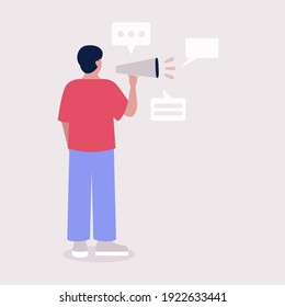 Young man speaks into a megaphone. Statement, utterance, news concept. Colored vector illustration in flat cartoon style