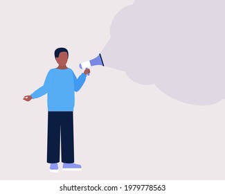 Young man speaks into a megaphone. Statement, utterance, news concept..Colorful flat vector illustration